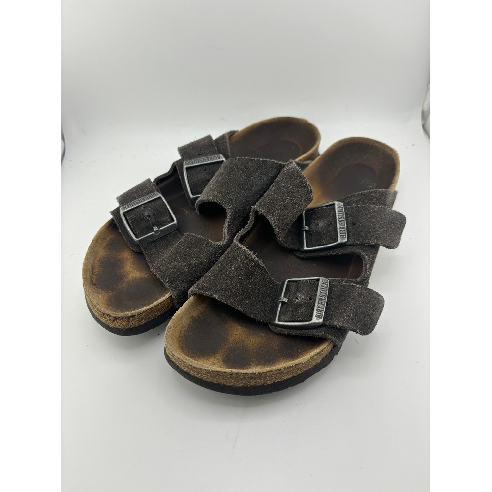 Birkenstock Arizona Suede Leather Sandals Mocha Brown Two Strap Slides size 38